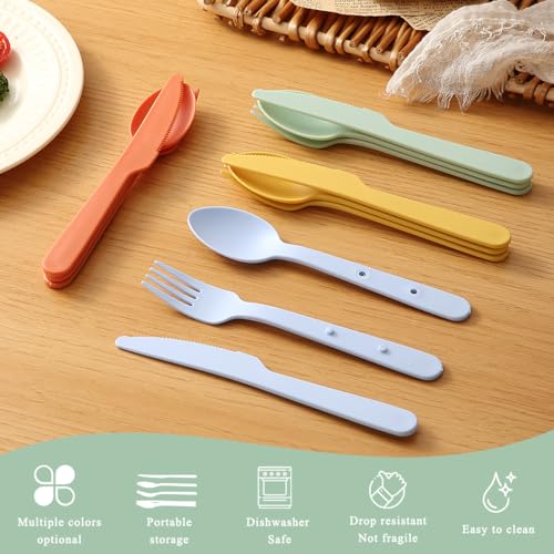 Kyraton Travel Utensils Set for 8, Reusable Plastic Spoons Forks Knives Snapped Together for Portable & Space-Saving Design Cutlery Silverware for Travel, Picnic, Camping, Work, Lunch Boxes