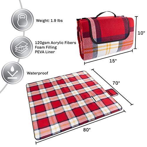 Outdoor Picnic Blanket with Foam Padding - Waterproof and Foldable Beach Mat for Travel, Camping, Festivals, and Sports by Wakeman (Red Plaid)