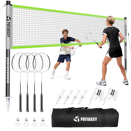 Badminton Set for Backyard, Outdoor Badminton Net with Anti-Sag Design, 4 Professional Badminton Rackets, 4 Shuttlecocks and Carry Bag for Lawn or Beach - color: C-Green