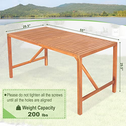 Tangkula 55" Acacia Wood Outdoor Dining Table for 4-6 Person, Rectangular Patio Dining Table with 2" Umbrella Hole and Support Bars, Indoor Outdoor Dining Furniture for Deck, Garden, Poolside & Yard - size: 55"