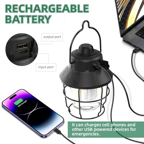 JINIU Rechargeable LED Camping Lantern, Mini Retro Portable Waterproof Lantern, 1000LM, 3 Light Modes (2700-6500K) Stepless Dimming Brightness, Hanging Tent Light for Camping, Power Outages - style: Black