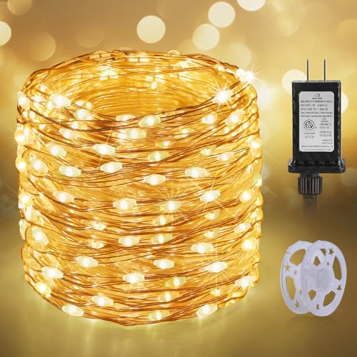 KNONEW 100FT 300 LED Outdoor Fairy Lights Plug in, Christmas Fairy Lights Outdoor Waterproof 8 Modes Memory Times for Wedding Bedroom Walls Garden Trees Decoration(Warm White) - color: Warm White, size: 100FT 300 LED Copper-colored wire