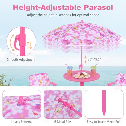 Costzon Kids Picnic Table, Kids Outdoor Table with 2 Folding Chairs, Height Adjustable Umbrella, Portable Children Outdoor Furniture for Patio, Garden, Backyard (Pink Flowers) - color: Pink Flowers