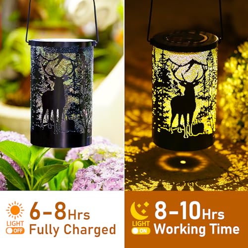 Solar Lantern Outdoor Waterproof Deer Garden Decor Birthday Gifts for Women Mom Grandma Hanging Solar Lights Metal Decoration Outside for Yard Patio Backyard Porch