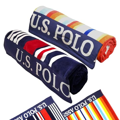 U.S. Polo Assn. 2-Pack Luxury Plush Cotton Oversized (40" x 70") Beach Towels, Striped Nautical Design, Hotel Quality for Bath & Pool- Navy/Red/Orange - color: Navy/Red/Orange, size: 40" x 70"
