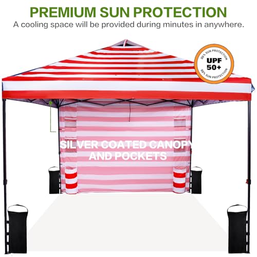 Tunbne 10'x10' Pop Up Canopy Tent with 1 Sidewall and 6 Pockets, One Push Setup, Instant Shade Tent with Vented Roof for Beach Patio Outdoor, Case, 8 Stakes, 4 Ropes, 4 Sandbags (Flag, 10x10) - color: Flag, size: 10x10