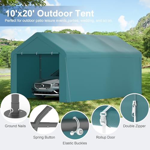 Carport, 10‘ x 20’ Heavy Duty Portable Garage All-Season Car Canopy w/Removable Sidewall & Doors, Carport Canopy Party Tent w/Water-Resistant Tarp for Backyard (Green, 10‘ x 20’) - color: Green, size: 10' x 20' /with side