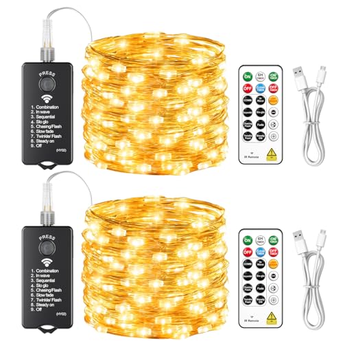 HXWEIYE 2-Pack 33FT 100LED Fairy Lights Battery Operated (Included) with Remote & Timer, 8 Modes Rechargeable Twinkle String Lights Indoor Outdoor Waterproof for Bedroom Wedding Classroom, Warm White - color: Warm White, size: 100 LEDs - 2Pack