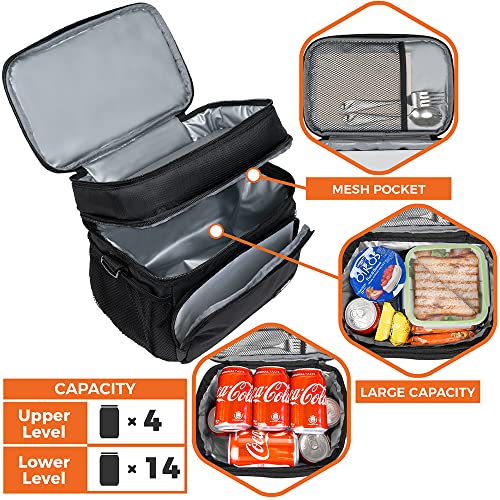 opux Insulated 2 Deck Lunch Bag for Men Women, Large Dual Compartment Cooler Bag for Work School Picnic, Leakproof with Strap for Kid Adult (Black) - color: Black, size: Double Deck