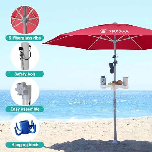 AMMSUN 8ft Large Beach Umbrellas for Sand Heavy Huty Wind Portable Commercial Grade Patio Beach Umbrella with Sand Anchor Adjustable Height Air Vent UPF 50+ Telescoping Pole without tilt Red - color: Red