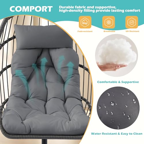 Outdoor Hanging Egg Chair with Stand & Oversized Cushion, 350LBS Capacity Heavy-Duty Patio Swing Hammock Chair, Thickened Metal Frame for Garden, Balcony, Bedroom (Gray, Solo) - color: Grey, size: Solo