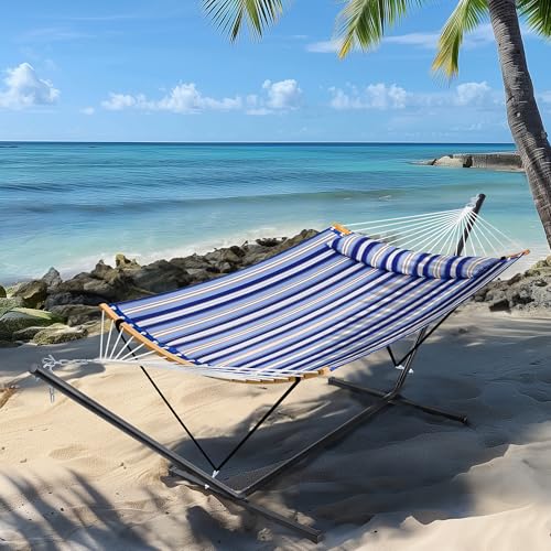 SUPERJARE Hammock with Stand, 2 Person Heavy Duty Hammock with Padded Cotton, Detachable Pillow & Strong Curved-Bar & Portable Carrying Bag, Perfect for Outdoor & Indoor, Navy Blue Stripe - color: Navy Blue Stripe