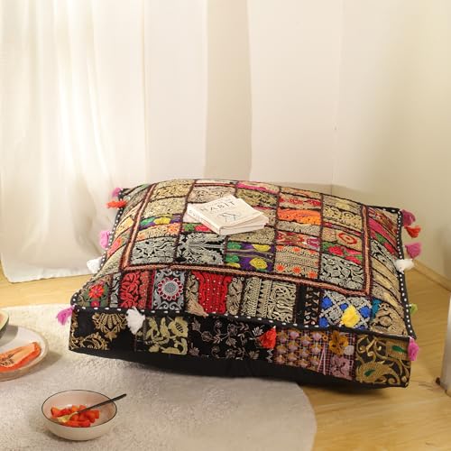 THE ART BOX Cotton Patchwork Vintage Boho Embroidered Floor Pillows & Cushion Cover Dog Pouf Seating Pouf Meditation Pillow Pet Bedding Cat Bed Boho Home Décor (35x35 Inches, Cover Only) - color: Black