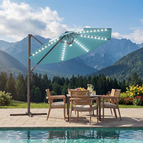 Patiowell 10 FT Patio Umbrella with Solar LED Light, Outdoor Cantilever Umbrella with 360 Degree Rotation, Outside Large Round Sun Umbrella with Frame for Backyard Garden Poolside, Sky Blue - color: Sky Blue with Light, size: 10 FT