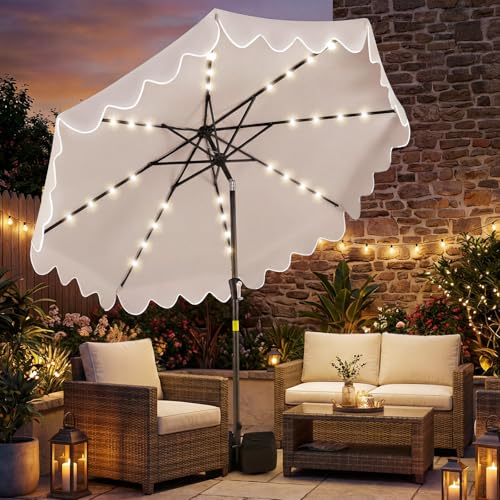 Tangkula 9 FT Solar Patio Umbrella with Base Included, 2-Tiers Outdoor Scalloped Table Umbrella with 32 LED Lights, 2 Sandbags, Tilt Adjustment, Crank, 8 Ribs for Market Backyard Pool Deck Beach Lawn - color: Beige, size: 9 FT
