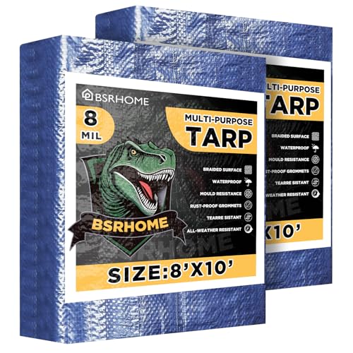 Tarps Waterproof 8x10 Feet, 2 Pack Heavy Duty Blue Tarp Cover 8 Mil Thick, Resistant Plastic Tarpaulin with Metal Grommets, Outdoor Tent Cover for Emergency Rain - color: Blue-8mil, size: 8'x10' 2pk