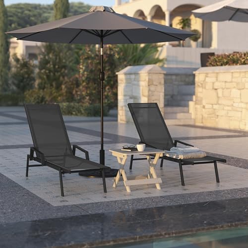 Flash Furniture Brazos Adjustable Chaise Lounge Chair with Arms, All-Weather Outdoor Five-Position Recliner, Black/Black - color: Black/Black, size: Set of 1