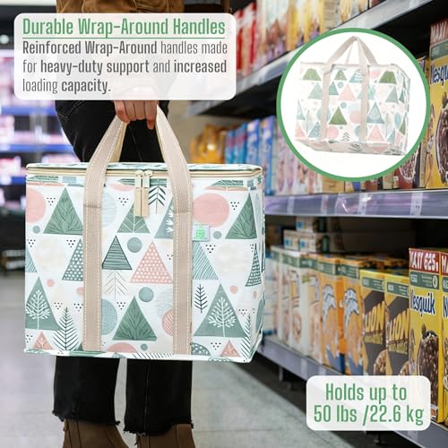 VENO 2 Pack Cooler Bag, Insulated Grocery Bags for Food Delivery, Collapsible Cooler, Reusable Shopping Bags for Groceries, Hard Bottom, Water Resistant, Zippered, Foldable (Pastel Forest, 2 Pack) - color: Pastel Forest, size: 15.7"W x 12.6"H x 8.7"D - 2