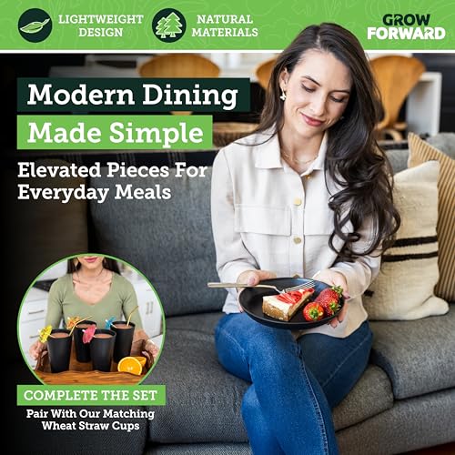 Grow Forward Premium Wheat Straw Plates - 8 Inch Reusable Hard Plastic Dinner Plates Set of 8 - Unbreakable Microwave Safe Plates for Dessert, Camping, RV, Outdoors, Patio, Kitchen Dishes - Midnight - color: Midnight Black, size: 8 inch