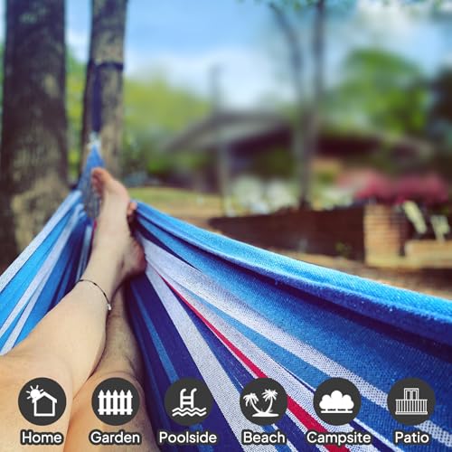ANYOO Cotton Hammock Portable Camping Hammocks for Hanging Sturdy Garden Comfortable Fabric Hammock with Tree Straps Up to 660lbs with Travel Bag for Camping Outdoor/Indoor Patio Backyard - color: Blue/White/Red Stripe