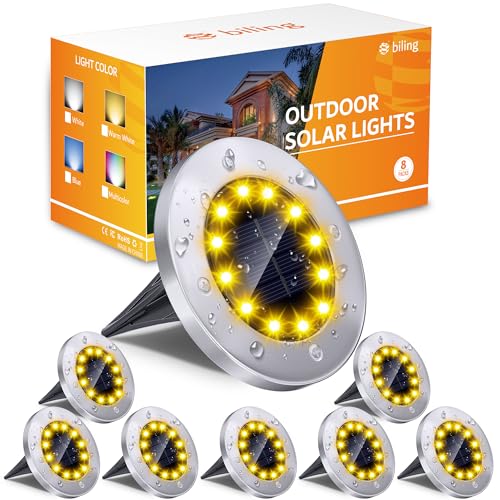 Biling Solar Ground Lights Outdoor 8 Packs, Flat Bright 12 LEDs Solar Lights Outdoor Waterproof for Yard Walkway Garden Driveway (Warm White) - color: Warm, size: 8 Pack