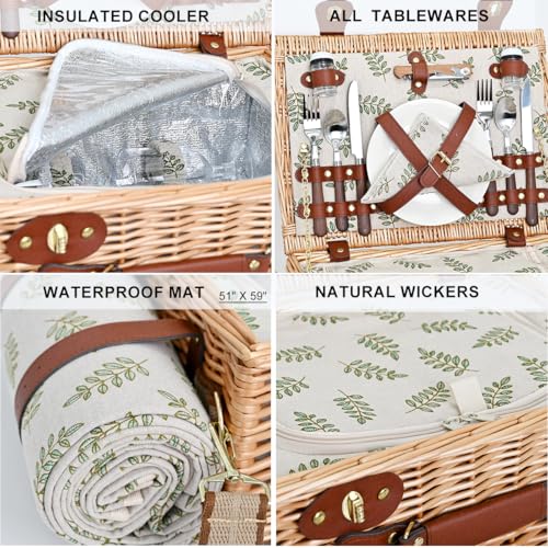 Picnic Basket with Blanket and Wine Pouch for 2, Wicker Picnic Set with Insulated Liner Cooler Bag Hamper for Camping,Wedding - Leaf - color: Leaf With Blanket for 2
