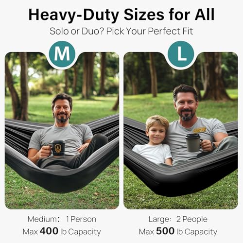 Kootek Camping Hammock, Portable Hammocks with Tree Straps & Attached Carry Bag, Camping Essentials Gear, Perfect for Outside Indoor Hiking Beach Backpack Travel - color: Black & Grey, size: Large (Pack of 2)