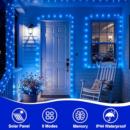 YEGUO 4 Pack Blue Solar Fairy Lights, Each 33ft 100 LED Christmas Lights Outdoor Waterproof, 8 Modes Sliver Wire Solar String Lights - color: Blue
