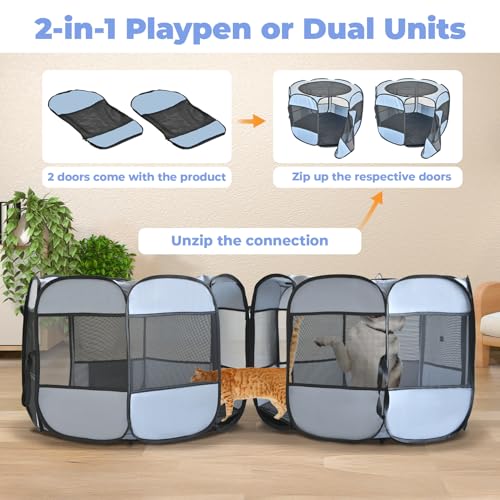 2-in-1 Cat Playpens, Detachable into 2 Separate Playpens with Additional 2 Doors, Portable Dog Playpen Cat Tent Enclosure for Kitten and Puppy Indoor Outdoor Use(M) - color: Grey, size: M, 71"L x 34"W x 24.1"H