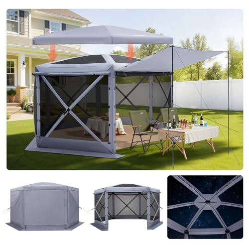 VEVOR Pop up Gazebo Screen Tent, 12 x 12 ft Large 6-Sided Camping Canopy Tent with Removable Top & Carry Bag, Quick-Set & Bite-Proof, Screen House Sun Shelter for 8-10 Persons Backyard Patio, Grey - color: Gray, size: 12 x 12ft