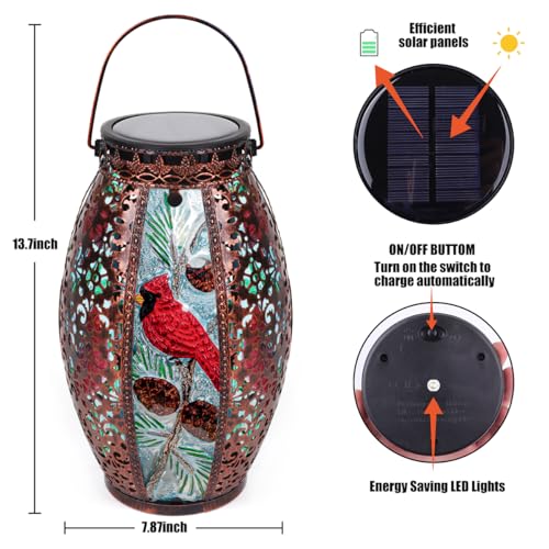 Mothers Day Gifts,Solar Lanterns Outdoor Hanging Light Cardinal LED Glass Light Waterproof Hollowed-Out Metal Decor Garden,Yard,Patio,Gifts,Table,Pathway,Holiday for Women Mom - color: Cardinal-