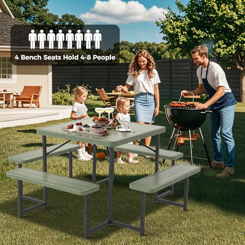 Giantex Picnic Table Bench Set for 4-8 People, 34" Outdoor Square Dining Table & 2 Benches w/Umbrella Hole, HDPE Tabletop, Metal Frame, Patio Camping Furniture for Backyard Porch Lawn (Green,Square) - color: Green, size: Square-34"x34"x30"