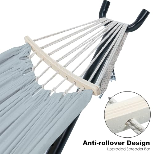 Gafete Double Hammock with Stand for Outside, Upgraded Spreader Bar, Heavy Duty Space Saving Steel Stand 2 Person, Side Pockets, Easy Assembly, 600lbs Weight Capacity, Indoor & Outdoor (Light Grey) - color: Light Grey