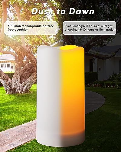 Homemory Solar Powered Candles Outdoor Waterproof, Flickering Glow, Rechargeable Solar Powered Candles for Outside, Lanterns, Sensor Only, Dusk to Dawn, Set of 6 - size: D3"xH4"5"6", 6 Pcs, Plastic