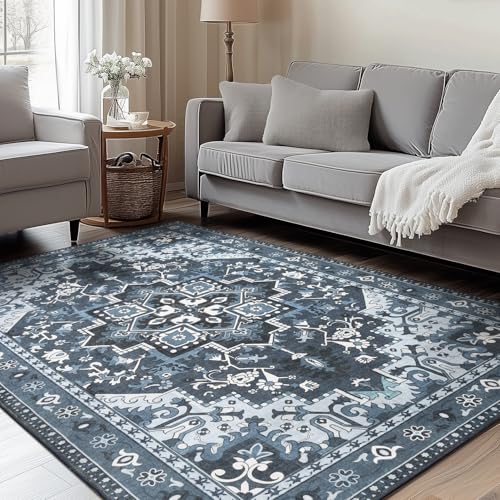 Rugflix 5x7 Area Rugs Machine Washable, Dark Navy Blue Carpet for Living Room, Oriental Indoor Area Rug Low Pile, Large Soft Thick Carpets Non Slip, Farmhouse Vintage Rug for Bedroom Dining Room - color: Blue, size: 5' x 7' (Rectangular)