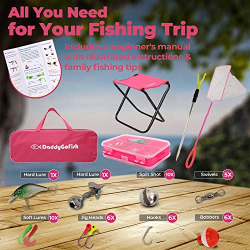 DaddyGoFish Kids Fishing Pole - Rod Reel Combo Tackle Box Starter Set - First Year Small Dock Gear Kit for Boys Girls Toddler Youth Age Beginner Little Children Junior Anglers - color: 2 Pack- Blue + Pink (Complete Set), size: 5ft