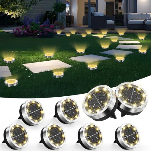 Solar Ground Lights Outdoor, 8 Pack Solar Lights Outdoor Waterproof, Mini Flat Solar-Powered Garden Light, Landscape Lighting for Garden Yard Lawn Pathway Walkway Driveway Backyard Decor, Warm White - color: Warm White, size: 8 Packs