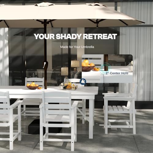 Outdoor HDPE Dining Set 7 Pieces, Patio Table with Umbrella Hole and 6 Chairs, All Weather Patio Furniture for Lawn, Garden, Backyard, Deck, Poolside, Heavy Duty Outdoor Dining Table and Chairs, White - color: White, size: 7-Piece (1 Table + 6 Chairs)
