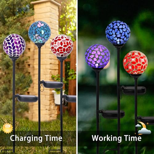 VCUTEKA Solar Garden Decorative Lights Outdoor, Mosaic Solar Light Waterproof LED Pathway Stake Light for Landscape Patio Yard Deck Walkway Decoration, 3 Pack （Blue&Purple&Red） - color: Blue&Purple&Red