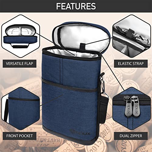 opux 2 Bottle Wine Carrier Tote, Insulated Leakproof Wine Cooler Bag, Wine Travel Bag for Picnic BYOB Beach, Portable Wine Bottle Carrying Case, Gift for Wine Lover Women Men Christmas, Navy - color: Heather Navy