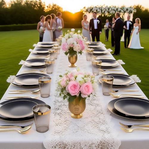EI 350Pcs Black and Gold Matte Frosted Plastic Plates Disposable Heavy Duty,Dinnerware Set for Party Include 100 Disposable Plates,150 Silverware,50 Napkins,50 Cups for Party/Wedding/Events,Hotel - color: Black and Gold Plastic Plates Dinnerware