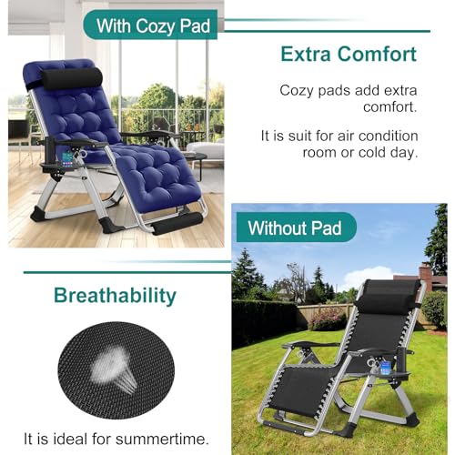 DoCred Oversized Zero Gravity Chair, 29In XL Lawn Folding Lounge Chairs, Lawn Recliner, Reclining Patio Lounger Chair, Folding Portable Chaise with Detachable Soft Cushion, Cup Holder, Headrest - color: Oversized Blue, style: Zero Gravity Chair