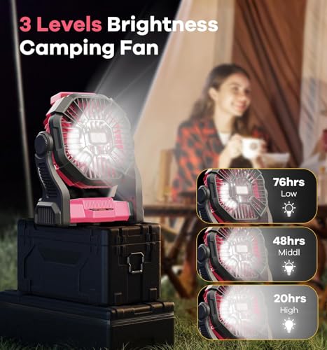 DOWILLDO 20000mAh Portable Battery Powered Camping Fan - with LED Light, Quiet Battery Operated, Camping Gear for Travel, Tent, Beach, Car or Hurricane Power Outages, Pink - color: Pink, size: 20000mAh