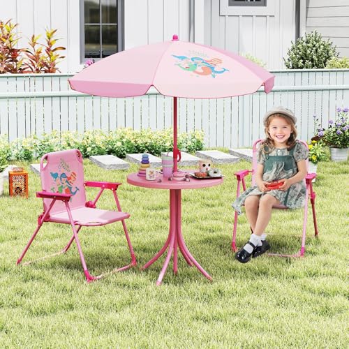 Costzon Kids Picnic Table, Kids Outdoor Table with 2 Folding Chairs, Height Adjustable Umbrella, Portable Children Outdoor Furniture for Patio, Garden, Backyard (Pink) - color: Pink Mermaid