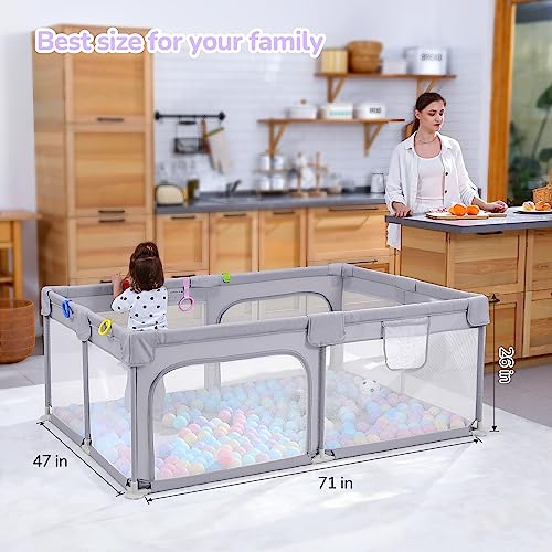 Dripex Large Baby Playpen 71"x47", Big Play Pens for Babies and Toddlers- Indoor & Outdoor Kids Safe Play Area, Soft Breathable Visible Mesh, Anti-Fall & Anti-Slip Design Baby Fence, Grey - color: Grey, size: 71"×47"