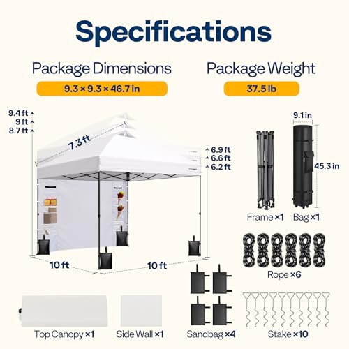 VIVOHOME 10x10ft Pop Up Canopy Tent with Sidewall and 6 Pockets, One Push Setup Outdoor Portable Shelter Tent Heavy Duty with Wheel Carry Bag and 4 Sandbags, White - color: White