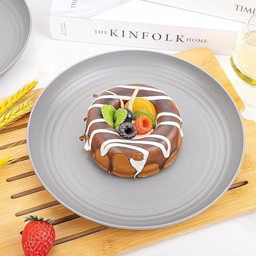 4 Pcs Wheat Straw Dinner Plates, 7.8 Inch Unbreakable Reusable Plastic Plates, Microwave & Dishwasher Safe, Lightweight Salad Dishes for Kitchen Camping, BPA Free (Gray) - color: Gray