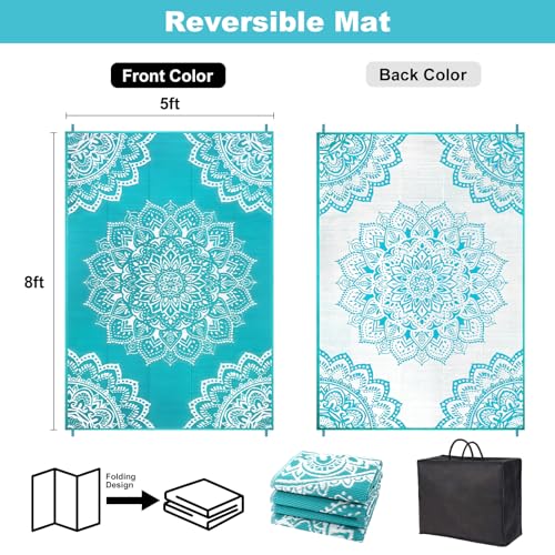 Yamaziot Waterproof Outdoor Rug 5x8 ft, Reversible Plastic Straw Rug for Patio Clearance, Camping, RV Mat, Large Outside Rug Carpet for Porch, Deck, Backyard, Balcony, Picnic (Blue) - color: Blue, size: 5' x8'