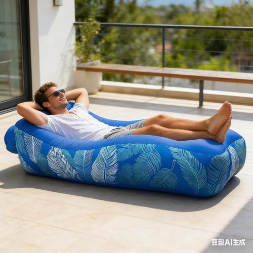 Inflatable Lounger Sofa Bed Blue Leaf Print 210T Tear Protective Nylon with Breathable Mesh Safety Buckle Windproof Nails for Beach Camping Outdoor