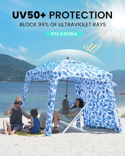 Qipi Beach Cabanas for Sand, Beach Canopy with Sandbags & Side Wall for Family, Easy Set Up Sun Shelter, UPF 50+ UV Protection with Roof Vent - color: 6' x 6' A-Sea Life
